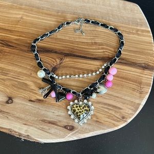 Funky Vintage Leopard Heart Rhinestone Layered Charm Necklace 🩷🖤🩷🖤